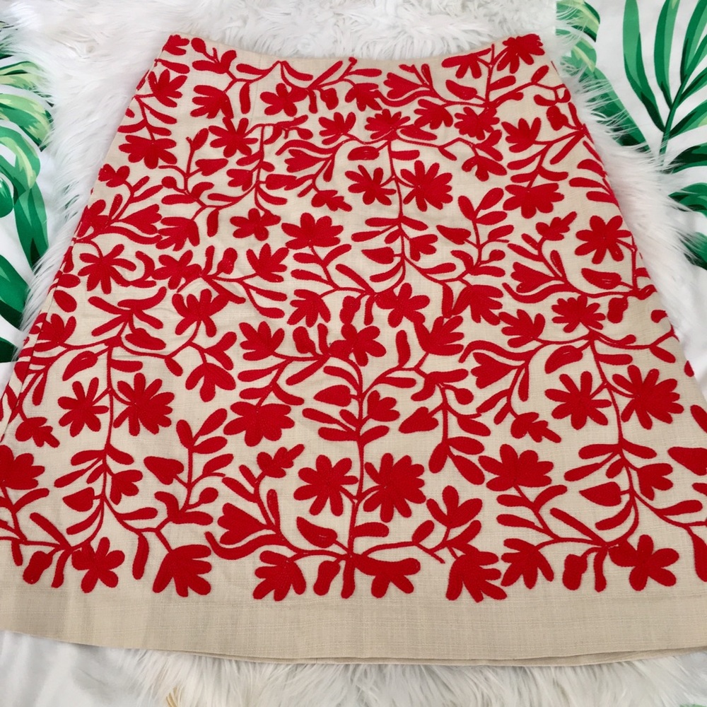 {Boden} Red & Tan Embroidered Skirt